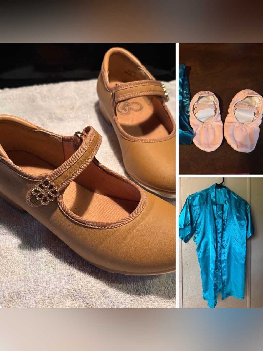Stelle girls tan tap shoes with Velcro closure, pink ballets and cover up robe